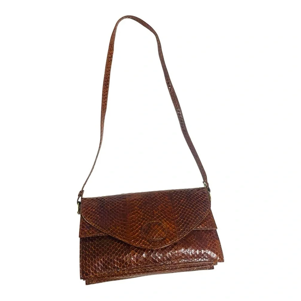 Vintage Brown Snakeskin Envelope Shoulder Bag Crossbody Purse 10”L x 6.5”W x 4”D